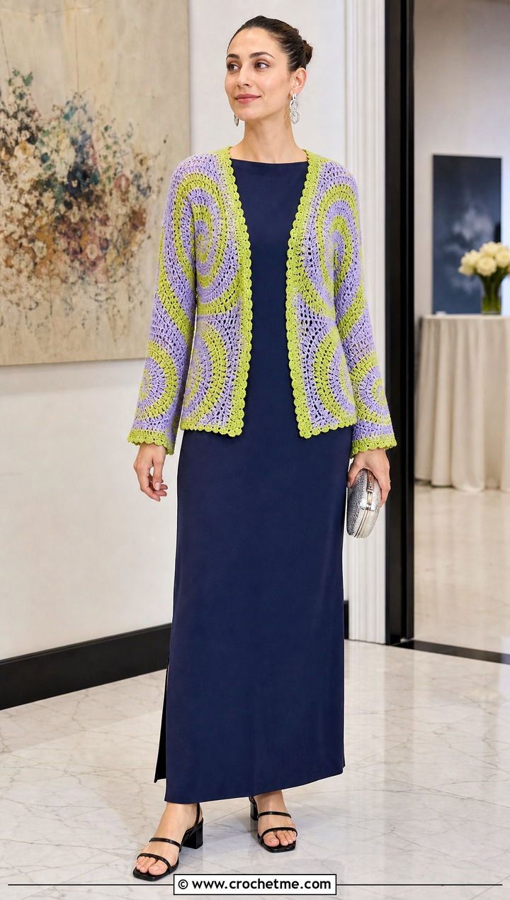 Spiral Crochet Cardigan Sweater With Column Dress - 35 spiral crochet sweater outfit ideas