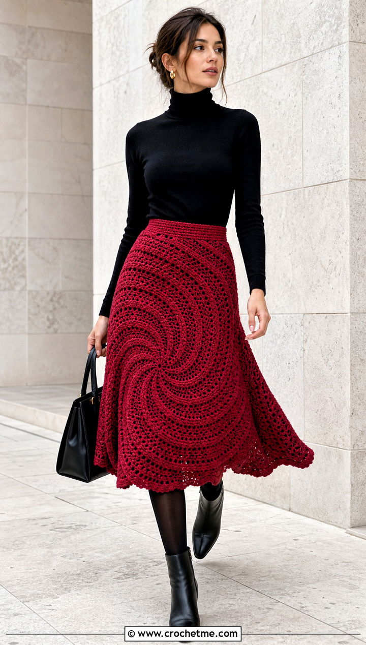 Spiral Crochet Circle Skirt With Black Turtleneck - 25 crochet circle skirt outfit ideas