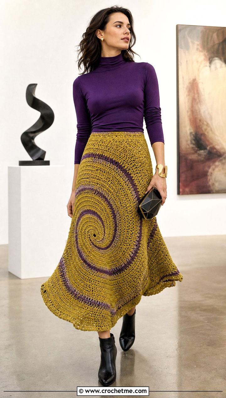 Spiral Crochet Circle Skirt With Mock Neck Top - 15 colorful crochet skirt designs outfit ideas