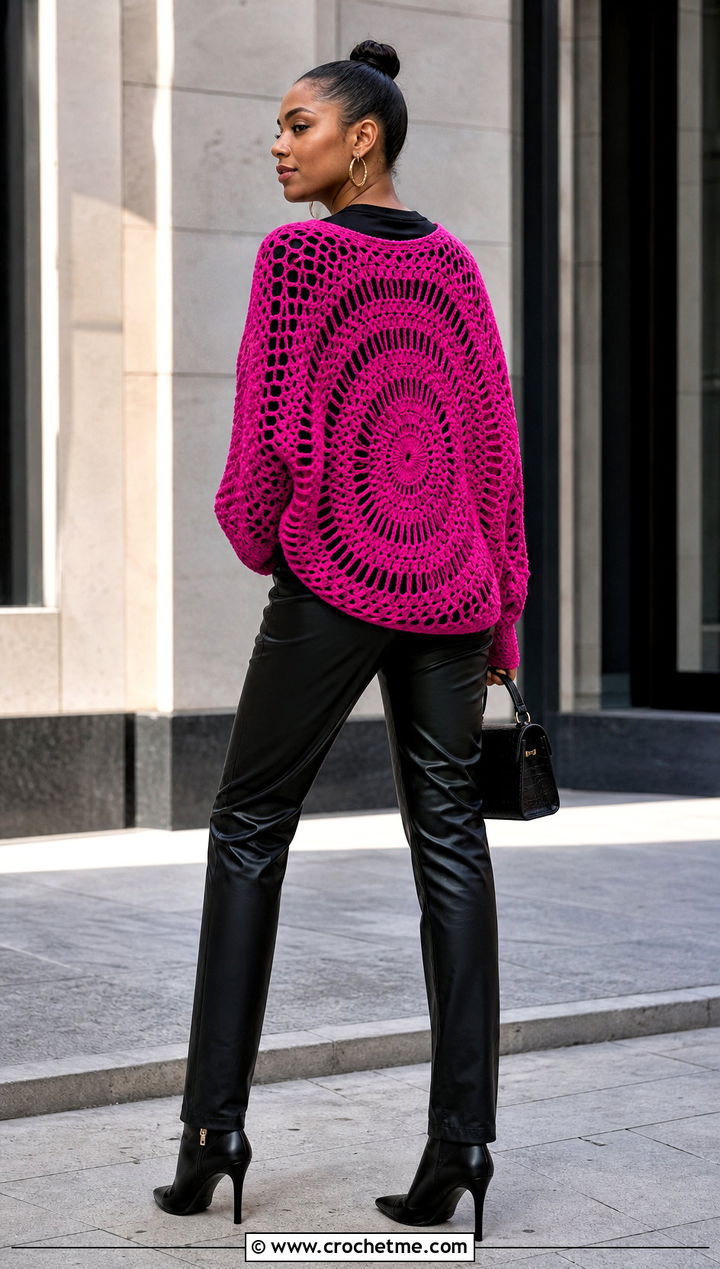 Spiral Crochet Circle Sweater With Leather Pants - 25 crochet circle sweater outfit ideas