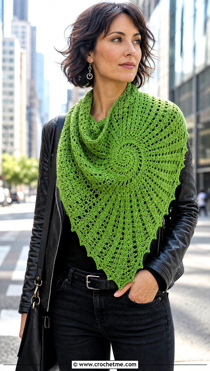 Spiral Crochet Circular Shawl With a Leather Jacket - 30 crochet circular shawl outfit ideas