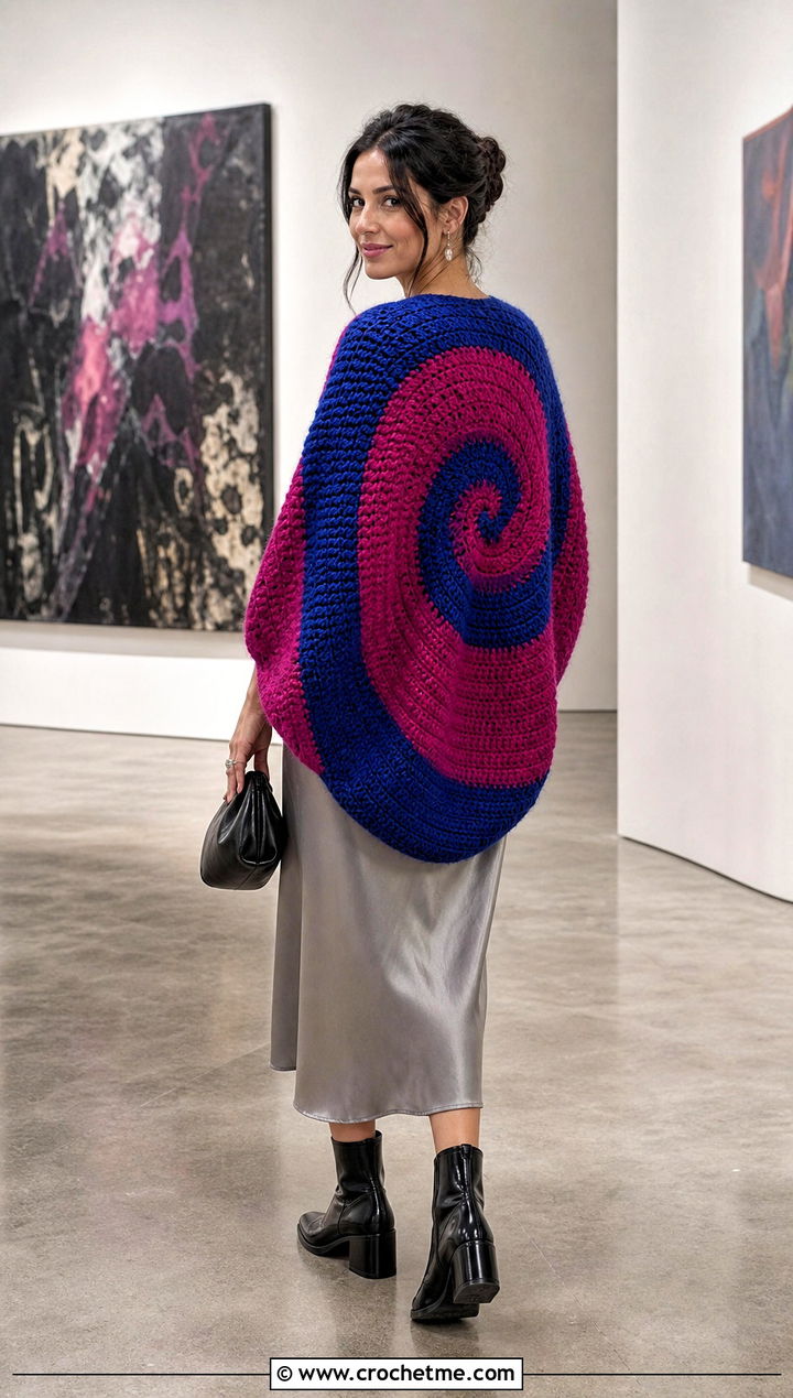 Spiral Crochet Cocoon Sweater With Slip Dress - 35 spiral crochet sweater outfit ideas