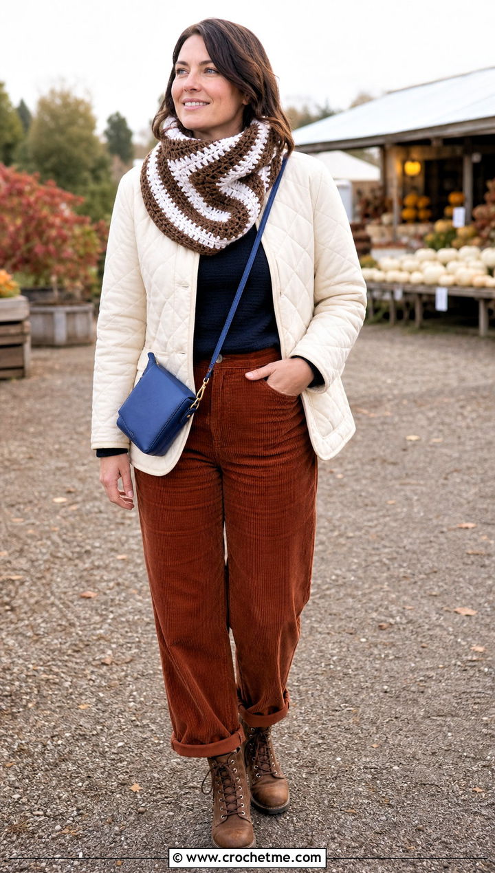 Spiral Crochet Cowl With Quilted Jacket And Corduroy Pants - 15 brown and white crochet cowl outfit ideas