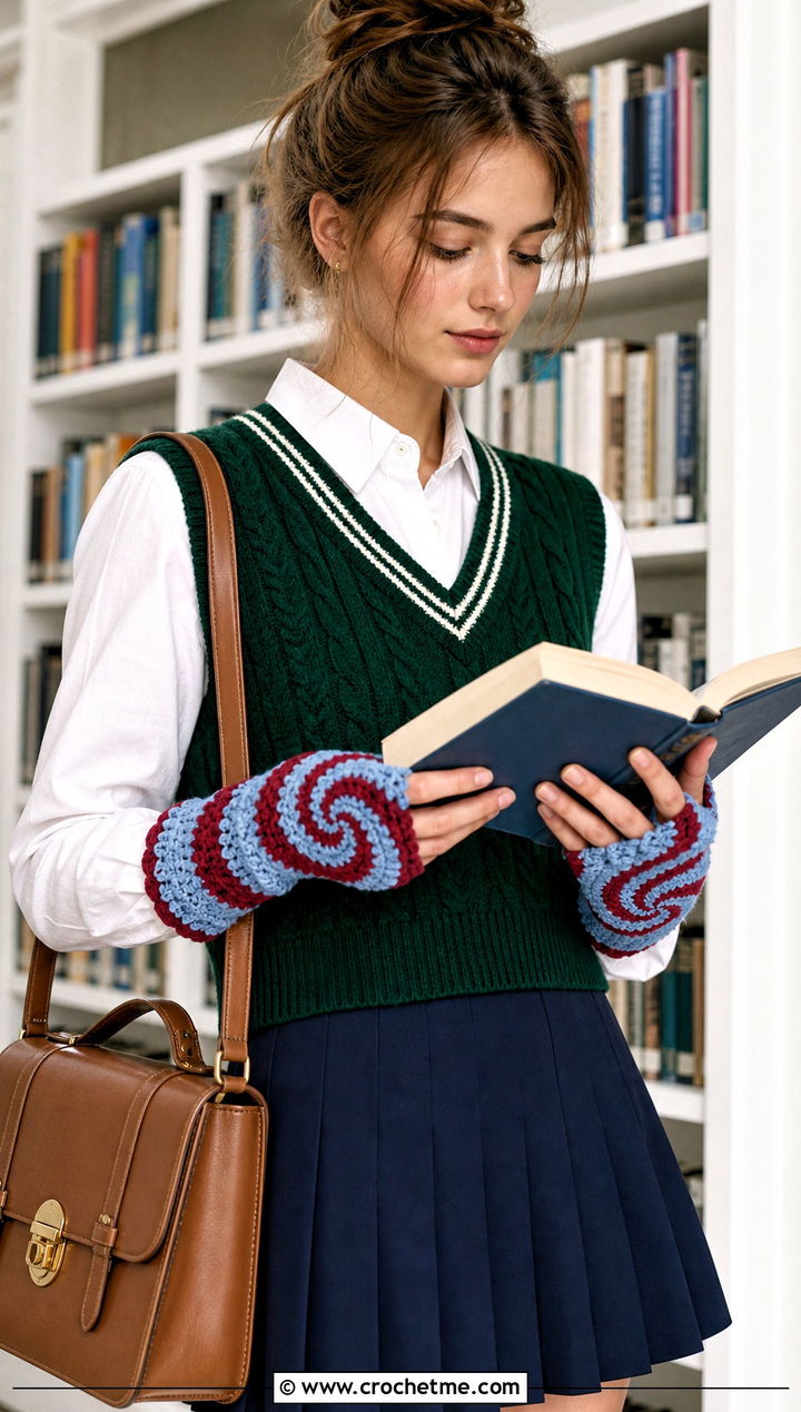 Spiral Crochet Fingerless Gloves With Sweater Vest And Pleated Skirt - 25 Simple Crochet Fingerless Gloves outfit ideas