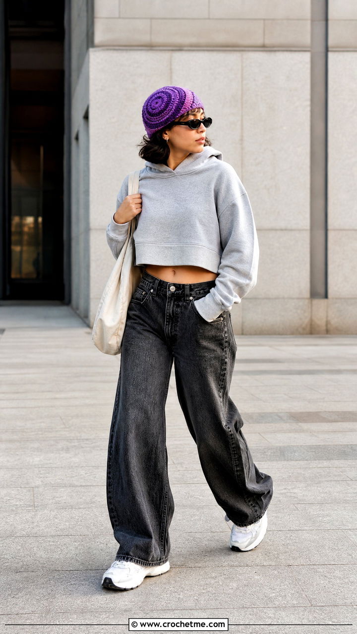 Spiral Crochet Fisherman Beanie With Hoodie And Wide Leg Jeans - 35 crochet fisherman beanie outfit ideas