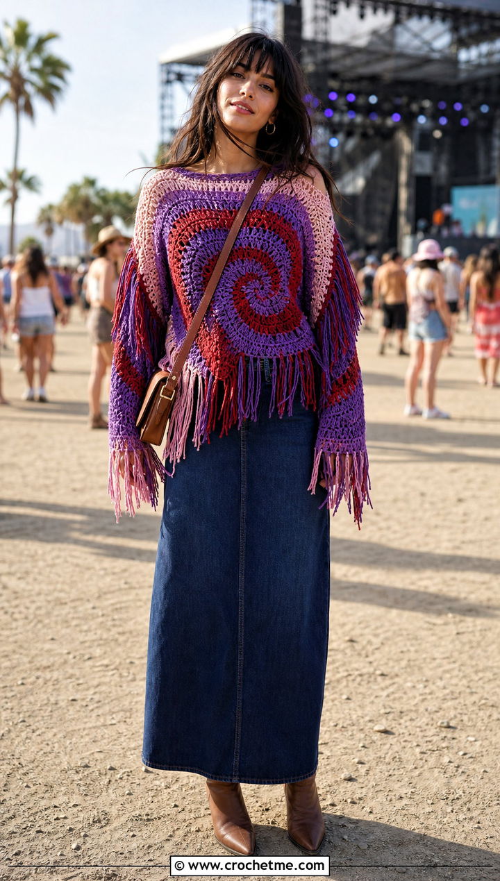Spiral Crochet Fringe Sweater With Maxi Denim Skirt - 35 spiral crochet sweater outfit ideas