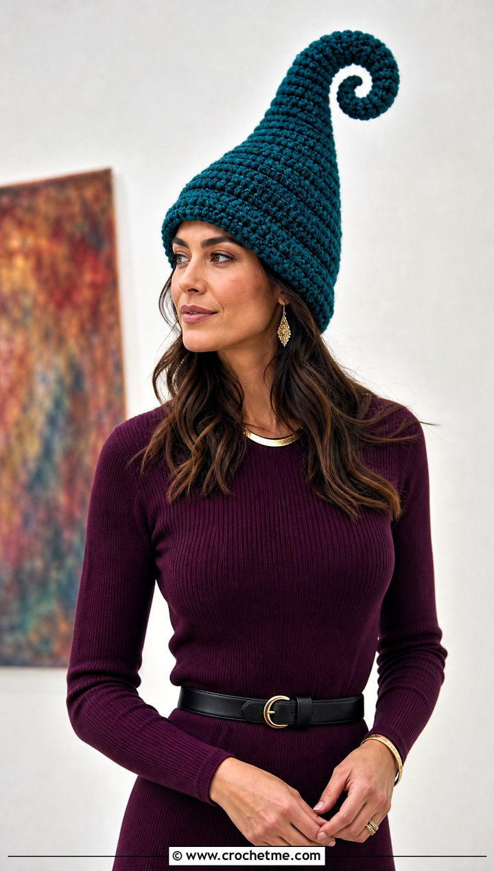 Spiral Crochet Gnome Hat With Knit Dress - 15 Adult Crochet Gnome Hat outfit ideas