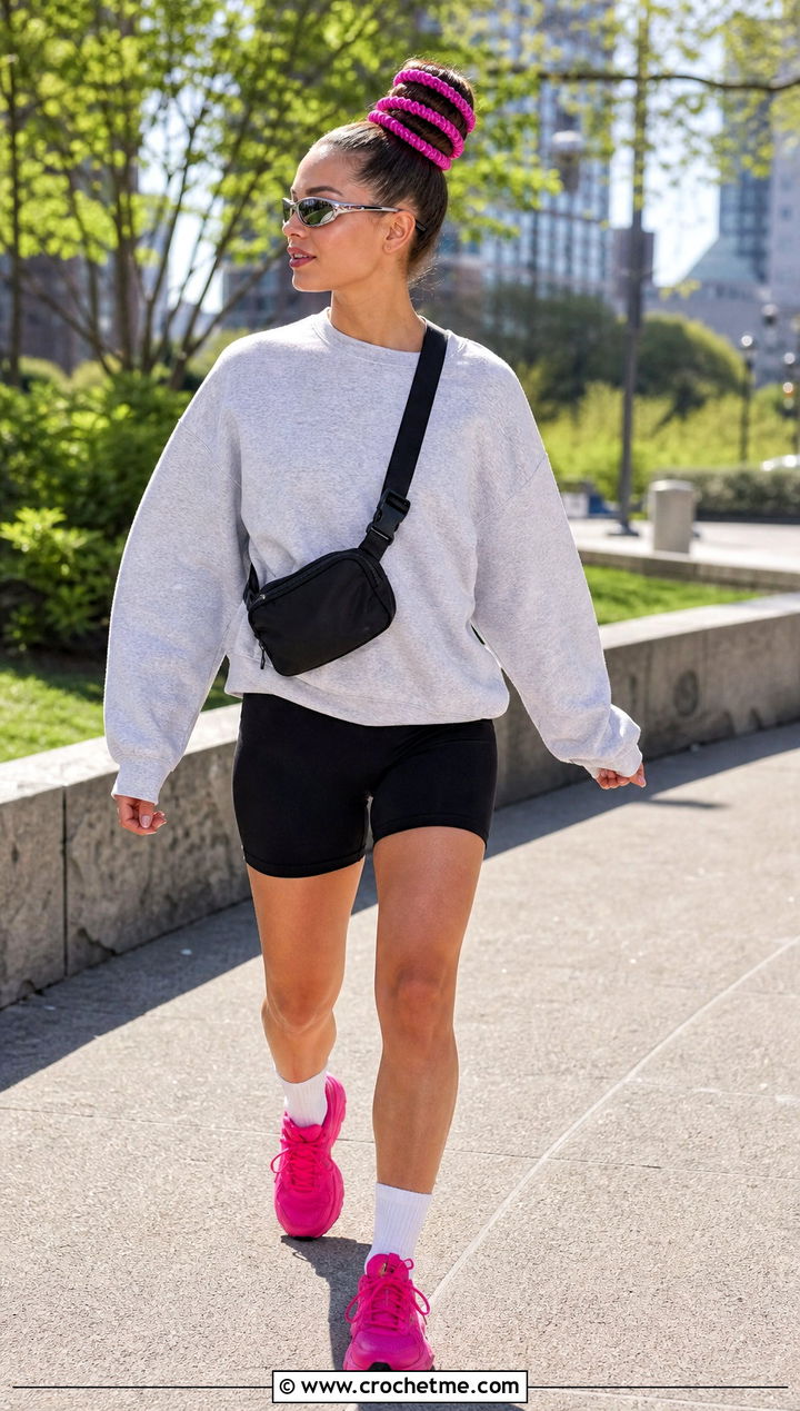 Spiral Crochet Hair Wrap With Sweatshirt And Bike Shorts - 35 crochet hair wrap outfit ideas