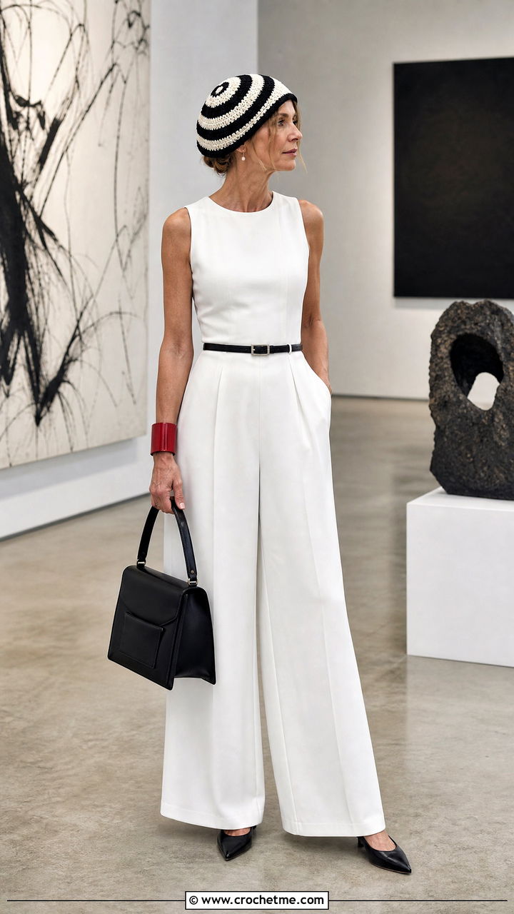 Spiral Crochet Hat With Monochrome Jumpsuit - 35 black and white crochet hat outfit ideas