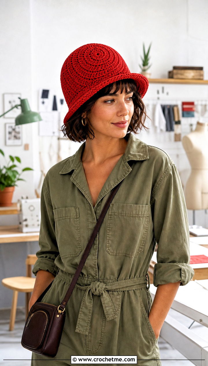 Spiral Crochet Hat With Utility Jumpsuit - 25 Easy Crochet Hats For Beginners outfit ideas