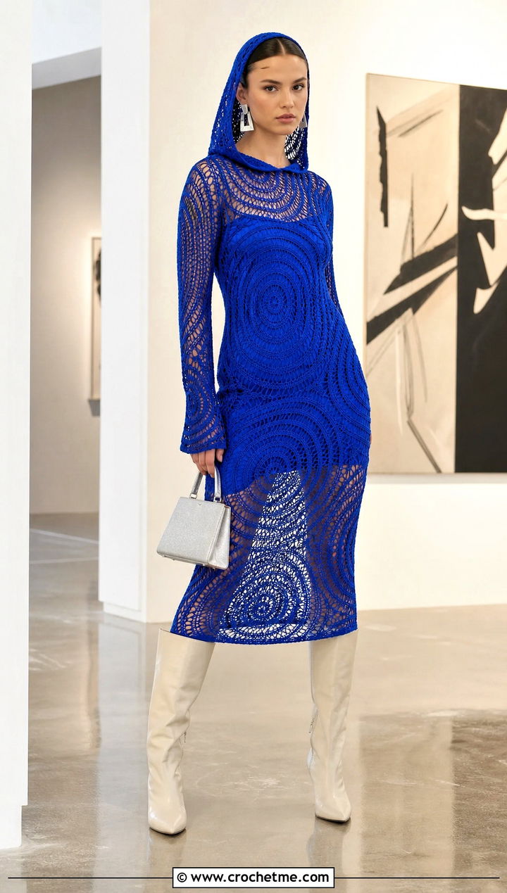Spiral Crochet Hooded Dress With Knee High Boots - 25 weird crochet clothes and outfit ideas
