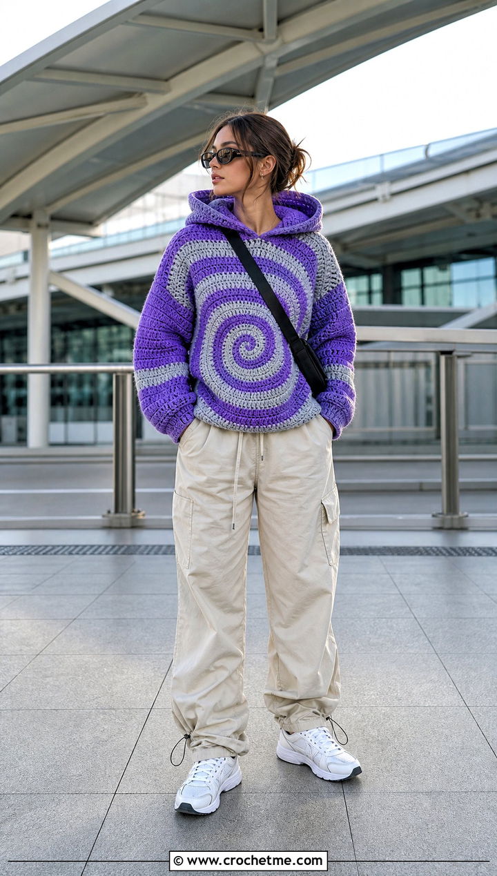 Spiral Crochet Hoodie Sweater With Parachute Pants - 35 spiral crochet sweater outfit ideas