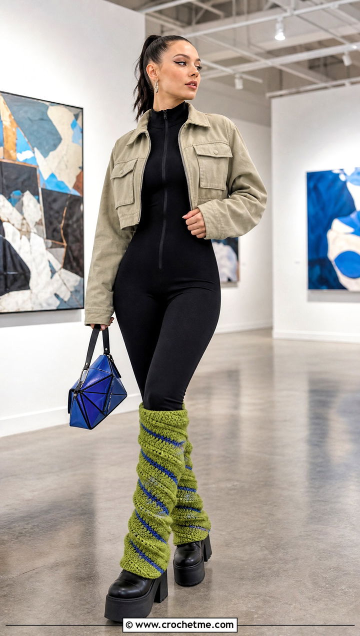 Spiral Crochet Leg Warmers With Jumpsuit And Platform Boots - 25 Crochet Legwarmer outfit ideas