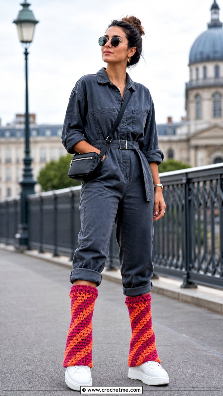 Spiral Crochet Legwarmers With Jumpsuit And Platform Sneakers - 35 crochet legwarmers outfit ideas