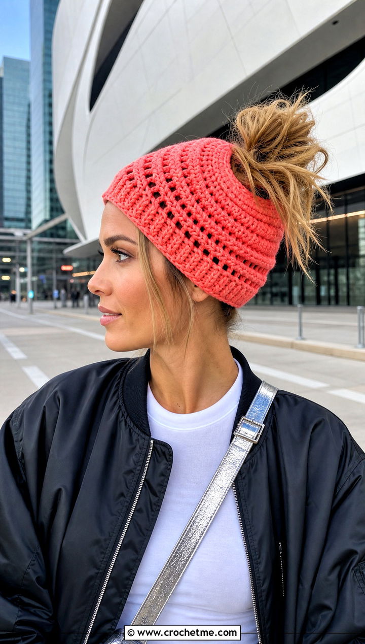 Spiral Crochet Messy Bun Hat With Elastic And Bomber Jacket - 25 Crochet Messy Bun Hat With Elastic outfit ideas