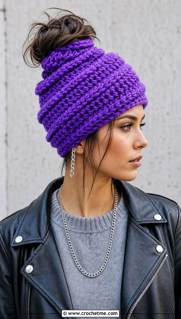 Spiral Crochet Messy Bun Hat With Leather Jacket - 20 Crochet Messy Bun Hat Bulky Yarn outfit ideas