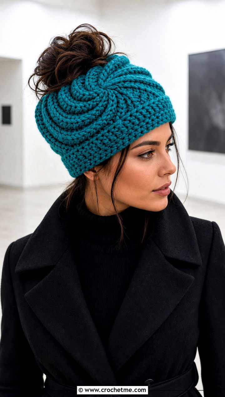 Spiral Crochet Messy Bun Hat With Monochrome Outfit - 15 Easy Crochet Messy Bun Hat outfit ideas