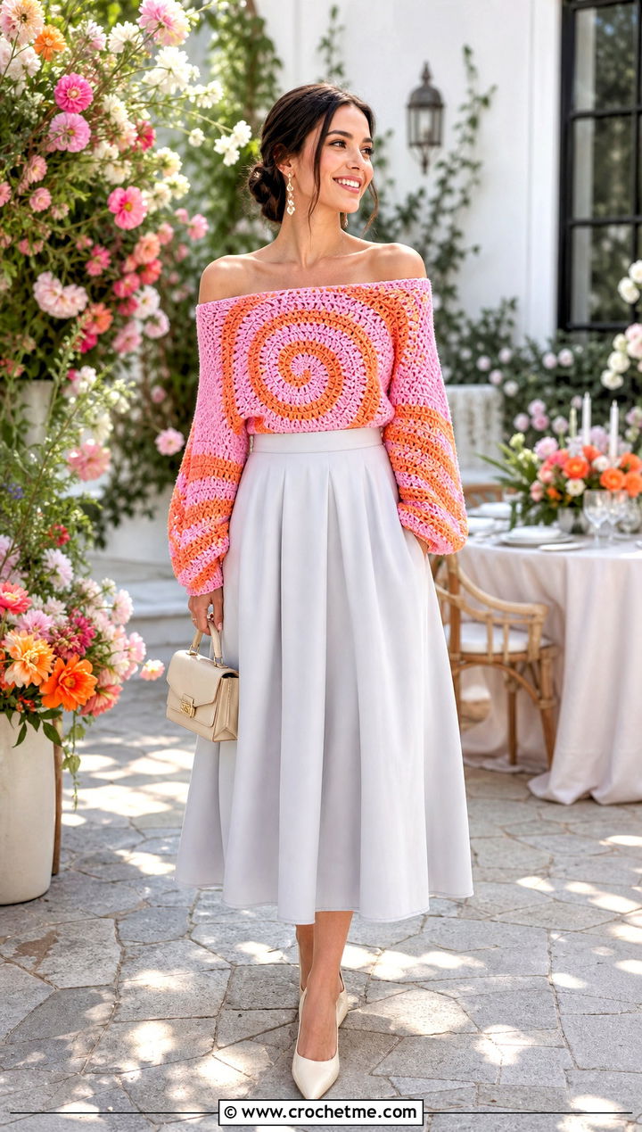 Spiral Crochet Off Shoulder Sweater With Full Skirt - 35 spiral crochet sweater outfit ideas