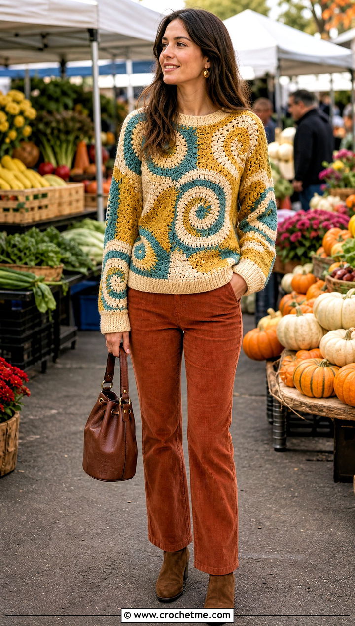 Spiral Crochet Patchwork Sweater With Corduroy Pants - 35 spiral crochet sweater outfit ideas
