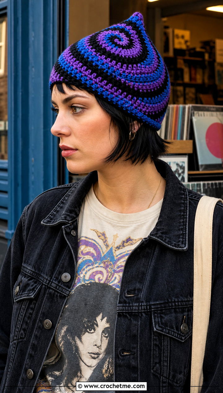 Spiral Crochet Pixie Hat With Graphic Tee - 30 crochet pixie hat outfit ideas