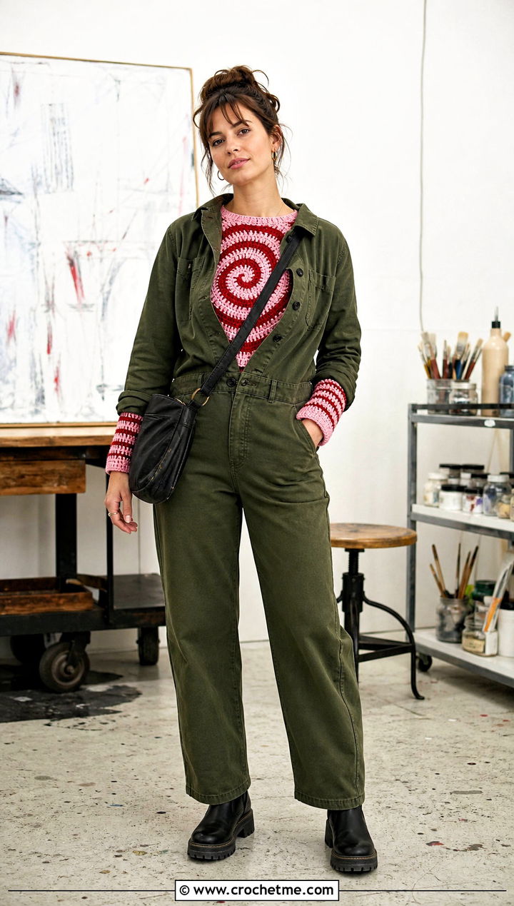 Spiral Crochet Raglan Sweater With Utility Jumpsuit - 35 spiral crochet sweater outfit ideas