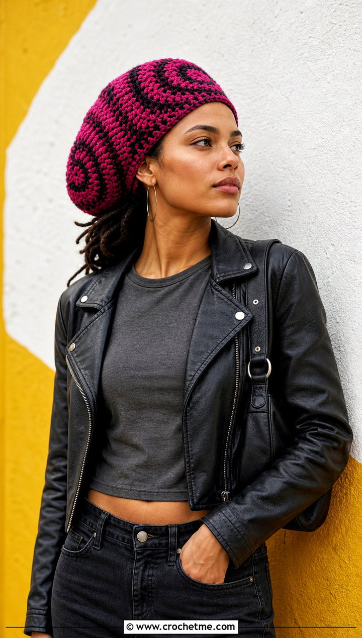 Spiral Crochet Rasta Tam With Leather Jacket And Black Jeans - 15 Crochet Bob Marley Hat outfit ideas