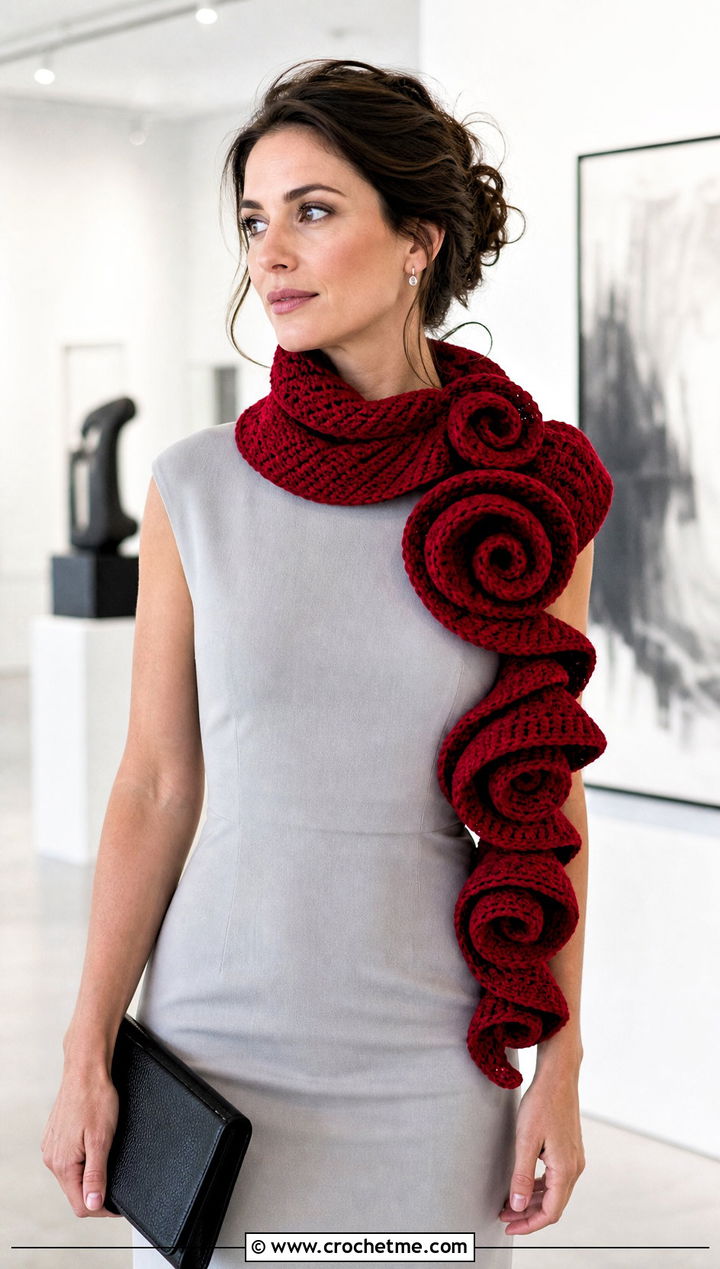 Spiral Crochet Scarf With Column Dress And Pumps - 35 fun crochet scarf outfit ideas