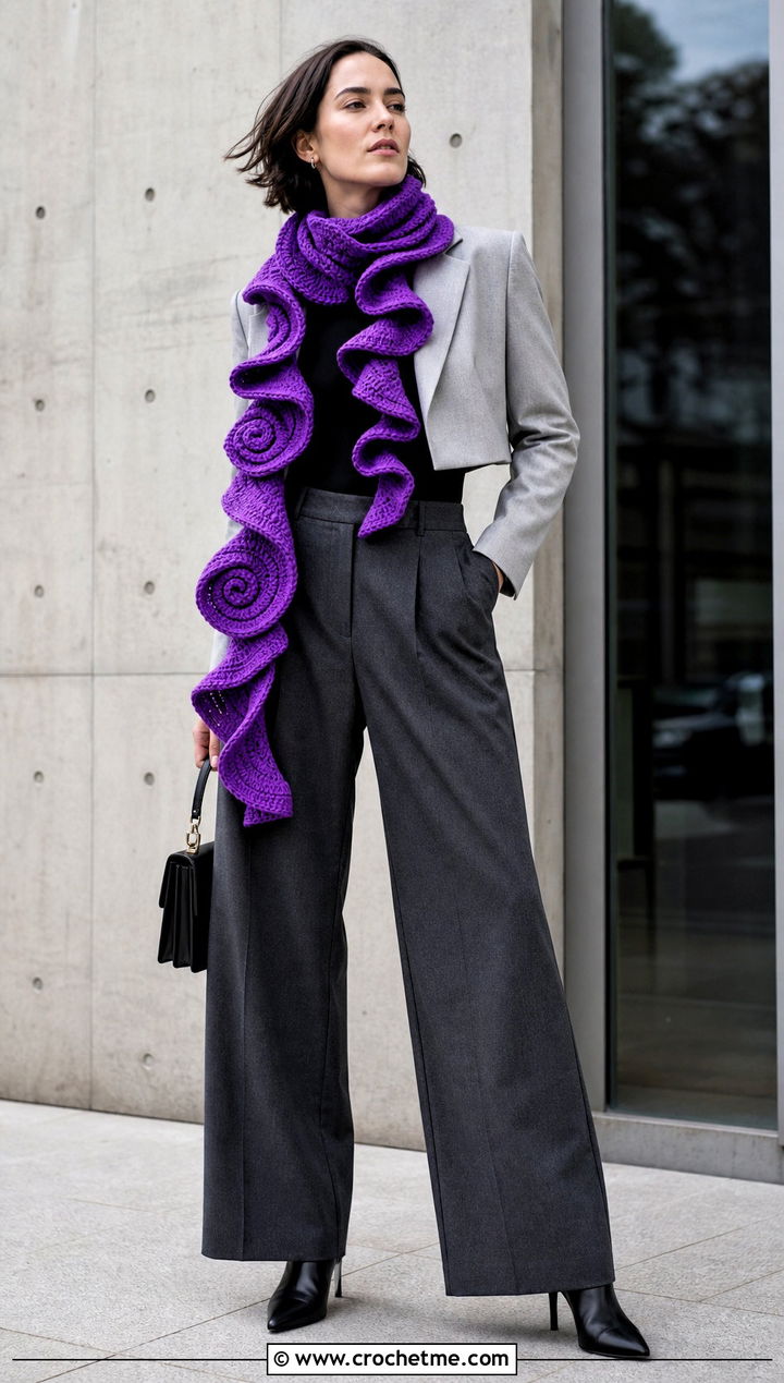 Spiral Crochet Scarf With Cropped Jacket - 35 crochet neck scarf outfit ideas