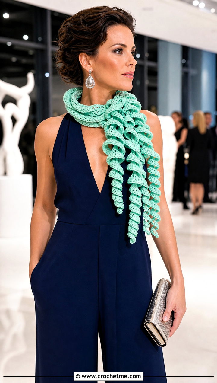 Spiral Crochet Scarf With Jumpsuit - 25 Beautiful Crochet Scarf outfit ideas