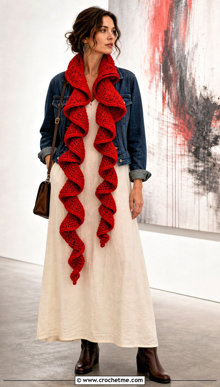 Spiral Crochet Scarf With Maxi Dress - 25 crochet for scarfs outfit ideas
