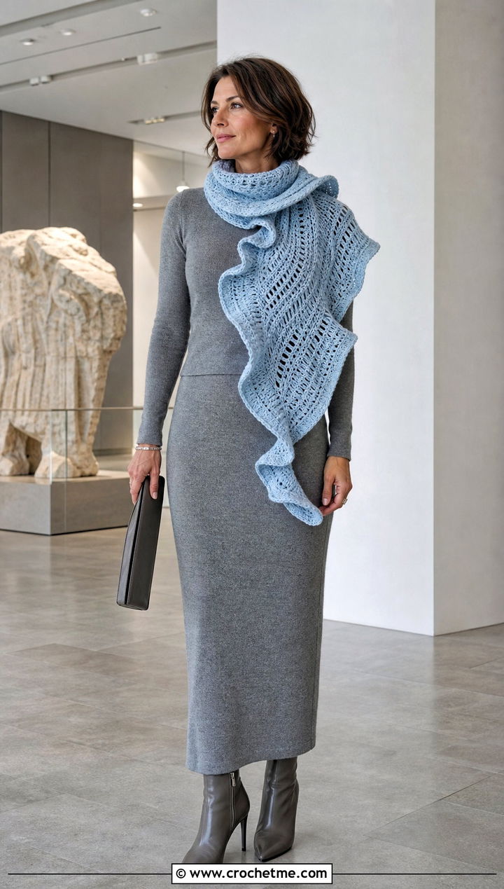 Spiral Crochet Scarf With Minimalist Knit Set - 15 unusual crochet scarf outfit ideas