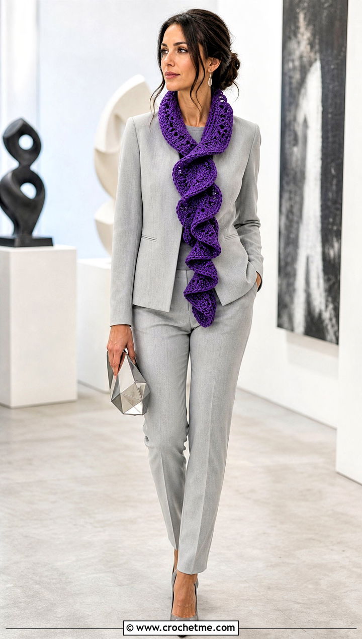 Spiral Crochet Scarf With Monochrome Pantsuit - 25 pretty crochet scarf outfit ideas