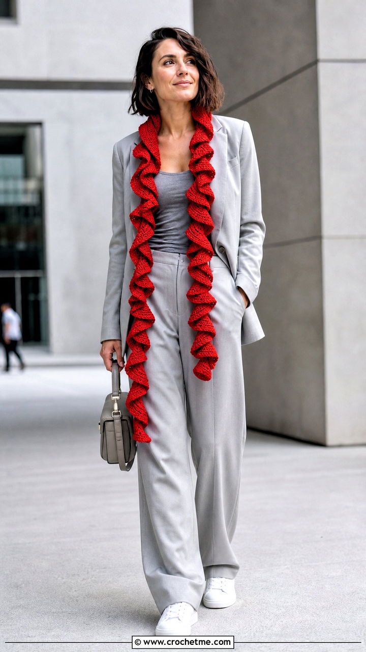Spiral Crochet Scarf With Monochrome Suit and Sneakers - 35 easy one skein crochet scarf outfit ideas