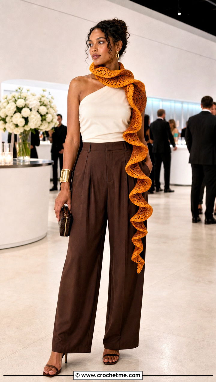 Spiral Crochet Scarf With One Shoulder Top And Trousers - 35 summer crochet scarf outfit ideas