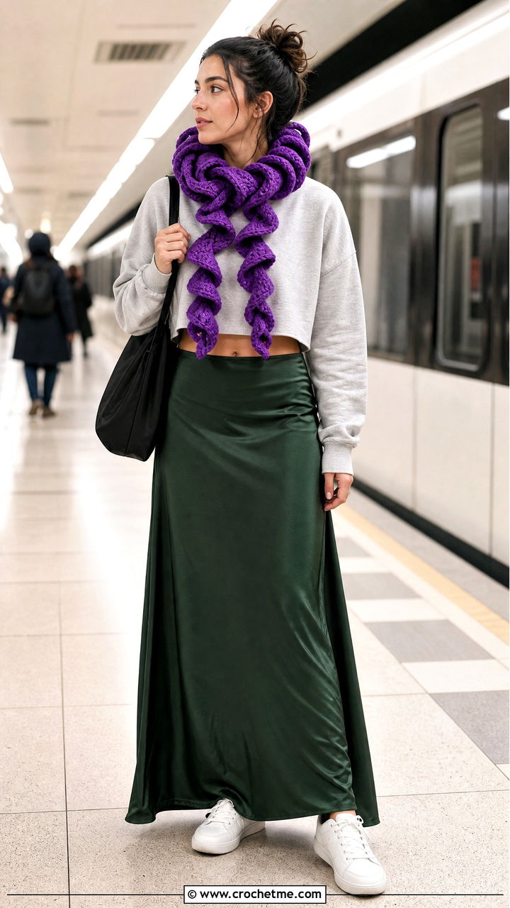 Spiral Crochet Scarf With Sweatshirt And Maxi Skirt - 35 quick crochet scarf outfit ideas