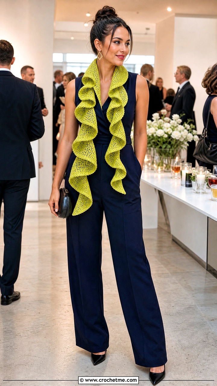 Spiral Crochet Scarf With Tailored Jumpsuit - 35 simple crochet scarf outfit ideas