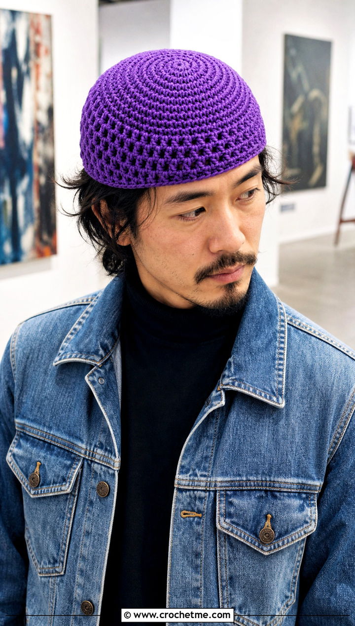 Spiral Crochet Skull Cap With Denim Jacket And Black Jeans - 25 Crochet Skull Cap For Men outfit ideas