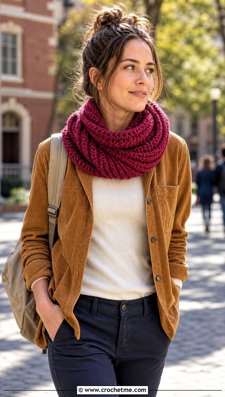 Spiral Crochet Snood Scarf With Corduroy Overshirt - 25 snood crochet scarf outfit ideas
