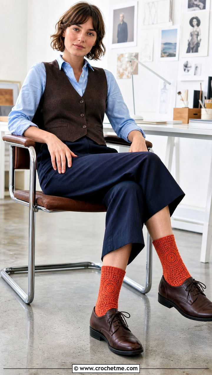 Spiral Crochet Socks With Culottes And Oxford Shoes - 25 Quick Crochet Socks outfit ideas