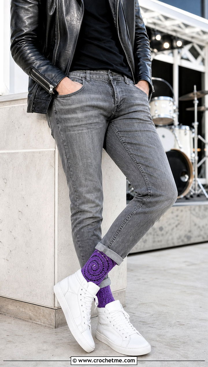 Spiral Crochet Socks With Leather Jacket And Gray Jeans - 25 men's crochet socks outfit ideas