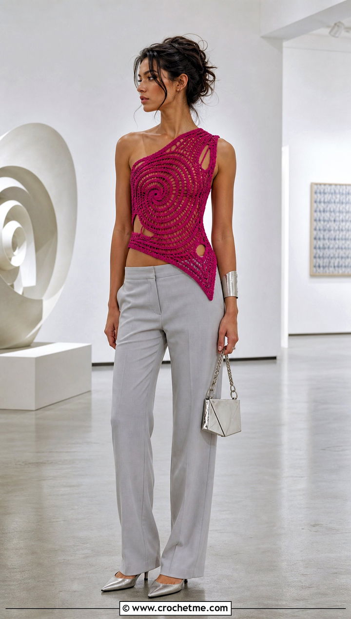 Spiral Crochet Subversive Top With Minimalist Trousers - 15 Crochet Subversive Top outfit ideas