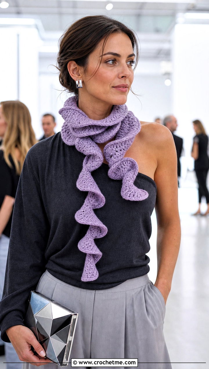 Spiral Crochet Summer Scarf With One Shoulder Top And Wide Leg Pants - 30 crochet summer scarf outfit ideas