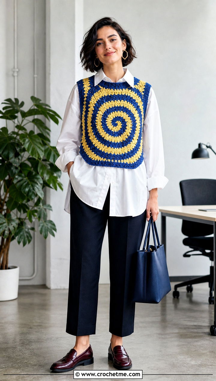 Spiral Crochet Sweater Vest With Poplin Shirt - 35 spiral crochet sweater outfit ideas