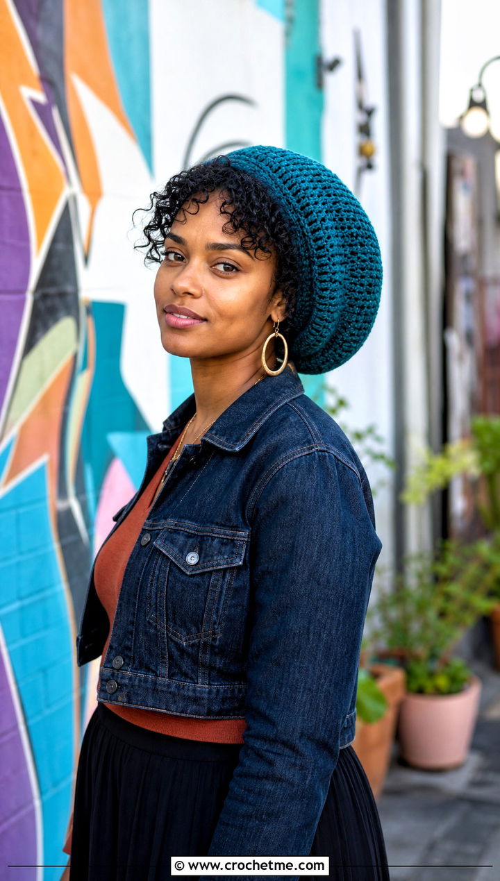 Spiral Crochet Tam With Maxi Skirt - 25 Spiral Crochet Hat outfit ideas