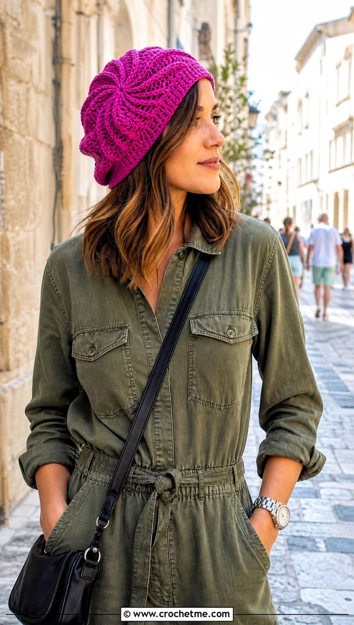Spiral Crochet Tam With Utility Jumpsuit And Sneakers - 20 flat crochet hat outfit ideas