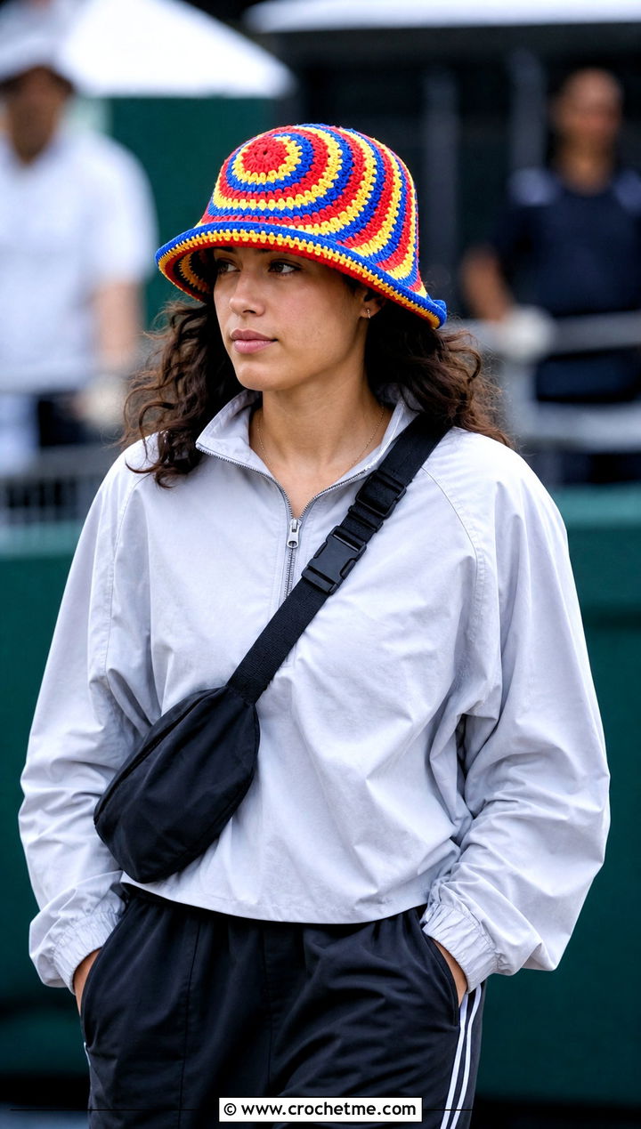 Spiral Crochet Team Bucket Hat With Windbreaker And Track Pants - 20 Crochet Team Hat outfit ideas