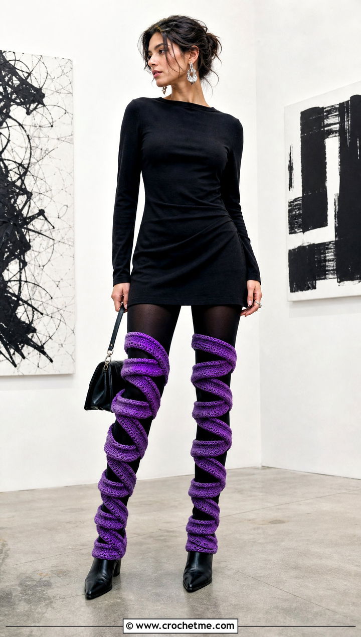 Spiral Crochet Thigh High Leg Warmers With Black Mini Dress - 25 Crochet Thigh High Leg Warmers outfit ideas