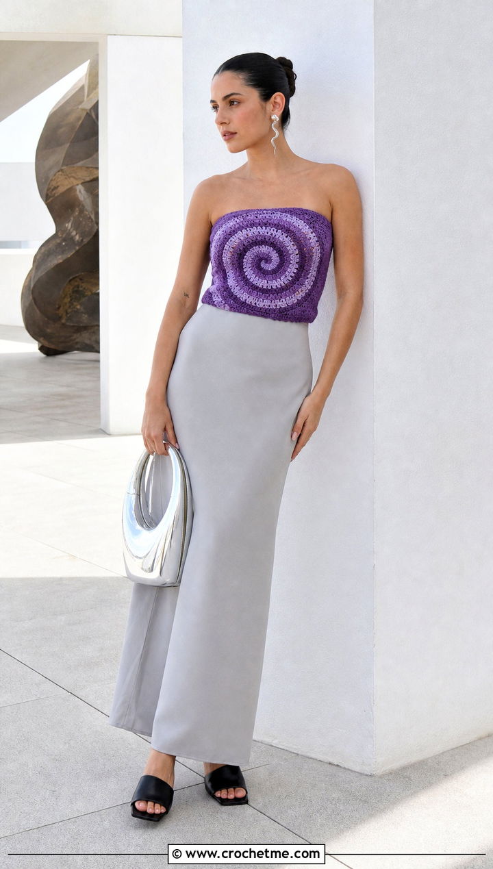 Spiral Crochet Tube Top With Monochrome Maxi Skirt - 35 crochet tube tops outfit ideas