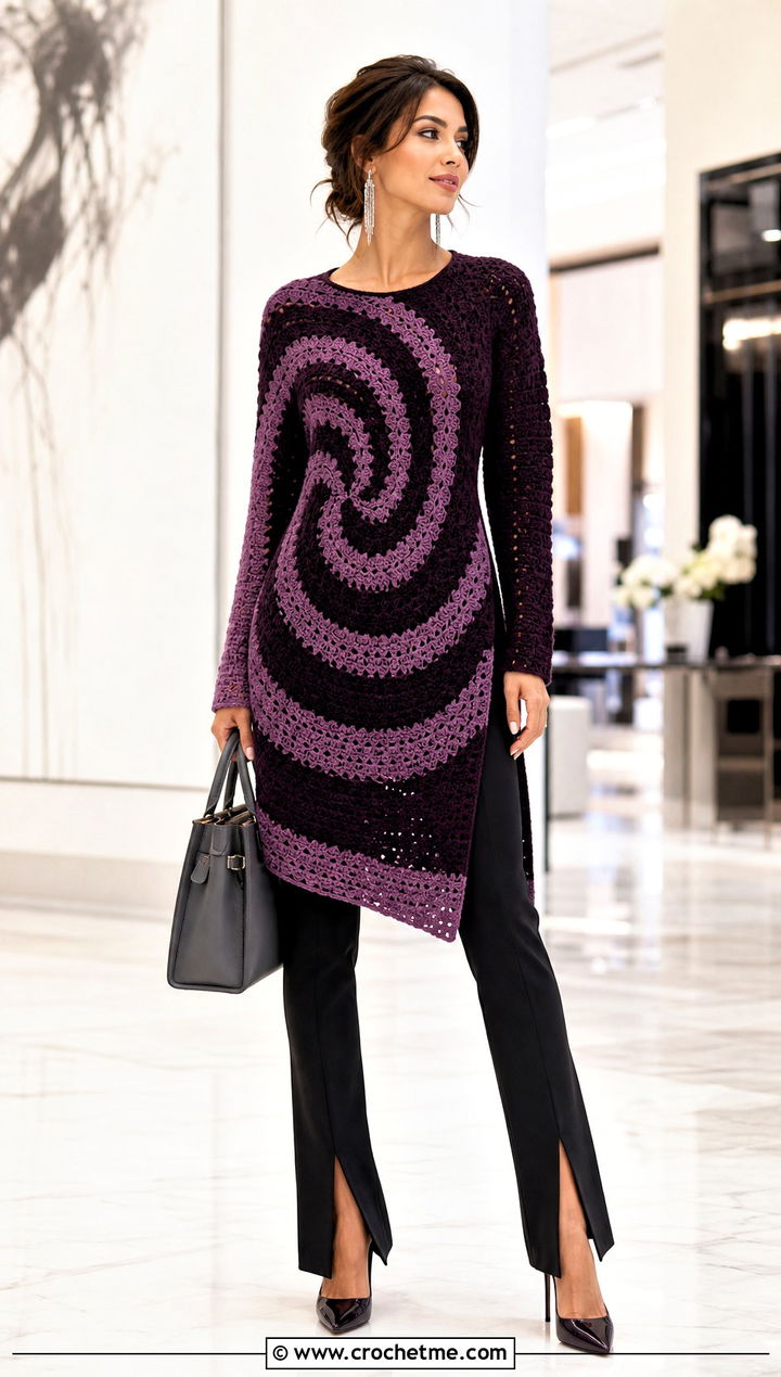 Spiral Crochet Tunic Sweater With Split Hem Pants - 35 spiral crochet sweater outfit ideas