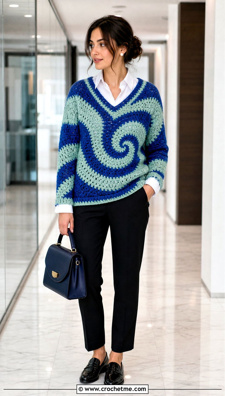 Spiral Crochet V Neck Sweater With Button Down Shirt - 35 spiral crochet sweater outfit ideas
